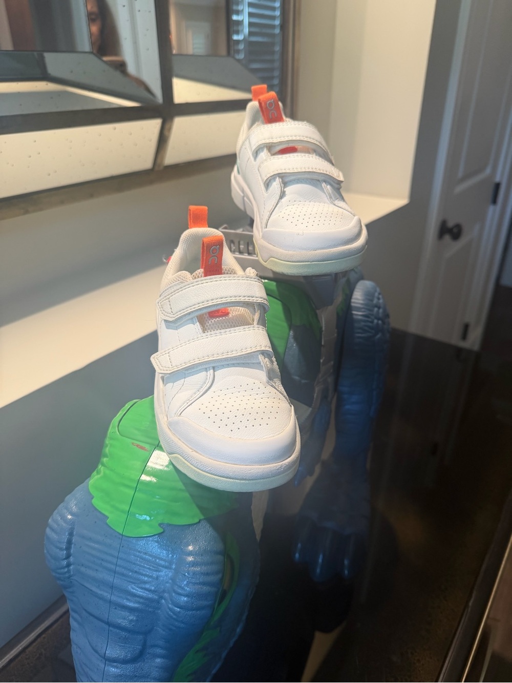 Kids White Sneakers with Teal and Orange Accents - Velcro Closure - Picture 2 of 4